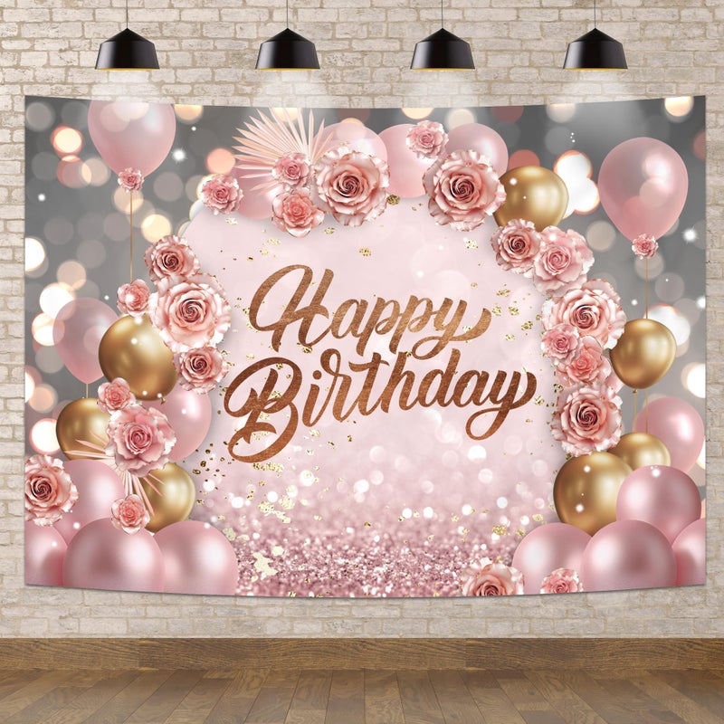Newsely Rose Gold Happy Birthday Backdrop 7Wx5H Photography for Girls Women Pink Floral Flower Balloons Arch Modern Elegant Background Aesthetic Party Decorations Banner Photo Booth Props Supplies - Image 2