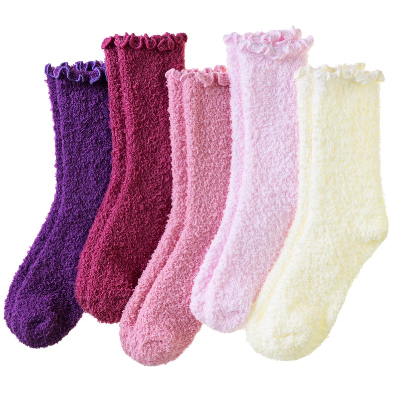 Eocom Womens Fuzzy Ruffle Socks Slipper Fluffy Cozy Frilly Soft Plush Warm Winter Thick Crew Socks 5 Pairs(Pink/Purple) - Image 1