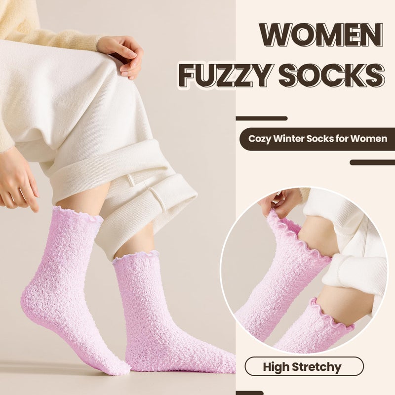 Eocom Womens Fuzzy Ruffle Socks Slipper Fluffy Cozy Frilly Soft Plush Warm Winter Thick Crew Socks 5 Pairs(Pink/Purple) - Image 3