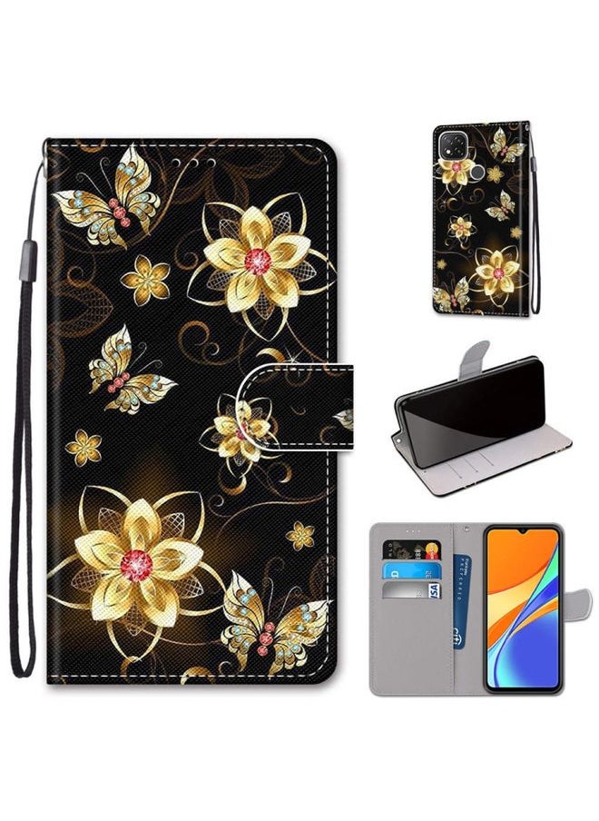 HuHa Case Cover For Xiaomi Redmi 9C Coloured Drawing Cross Texture Horizontal Flip PU Leather Case with Holder & Card Slots & Wallet & Lanyard Gold Diamond Butterfly 
