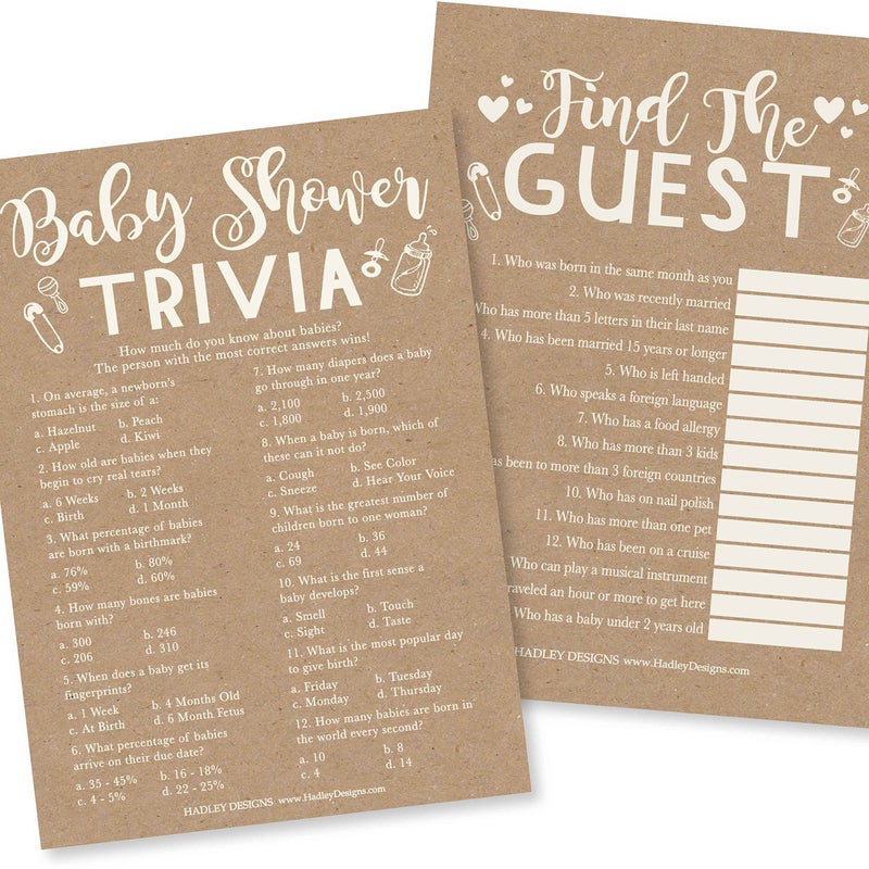 Hadley Designs Rustic Baby Shower Games Gender Neutral2 Games Double Sided 25 Baby Trivia Game 25 Find The Guest Baby Shower Game Gender Reveal Games For Guests Baby Shower Party Supplies