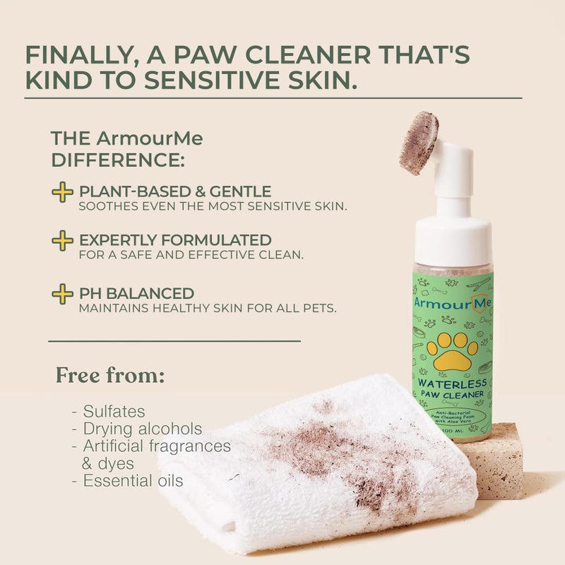 ArmourMe Waterless Paw Cleaner for Dogs & Cats | Antibacterial Paw Foam with Aloe Vera & Silicone Brush | No Rinse Pet Paw Wash - Image 2