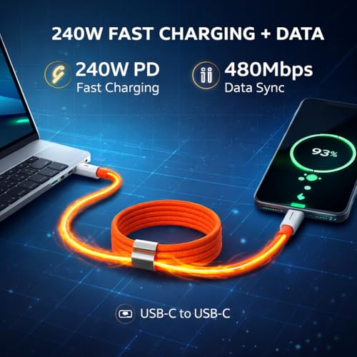 Mizi 240W Magnetic USB C Cable [1M Auto-Coiled], Fast Charging Type-C Charger Cord for iPhone 16/15/14 Pro Max, MacBook, iPad, Samsung Galaxy S24/S23, Pixel & More – Orange - Image 3