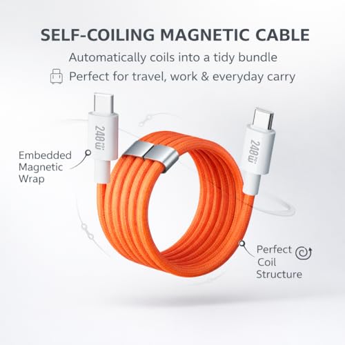 Mizi 240W Magnetic USB C Cable [1M Auto-Coiled], Fast Charging Type-C Charger Cord for iPhone 16/15/14 Pro Max, MacBook, iPad, Samsung Galaxy S24/S23, Pixel & More – Orange - Image 2
