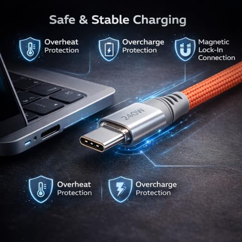Mizi 240W Magnetic USB C Cable [1M Auto-Coiled], Fast Charging Type-C Charger Cord for iPhone 16/15/14 Pro Max, MacBook, iPad, Samsung Galaxy S24/S23, Pixel & More – Orange - Image 4