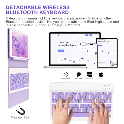 APHBZGE for iPad 6/5th Generation Case with Keyboard 2018/2017,Detachable Bluetooth Keyboard case for iPad Air 2/1,iPad Keyboard Case 9.7 inch with Pencil Holder,Square Keycaps,Purple - Image 5