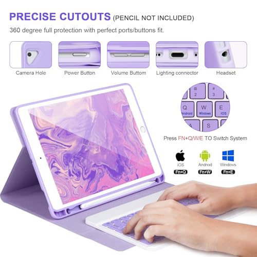 APHBZGE for iPad 6/5th Generation Case with Keyboard 2018/2017,Detachable Bluetooth Keyboard case for iPad Air 2/1,iPad Keyboard Case 9.7 inch with Pencil Holder,Square Keycaps,Purple - Image 3