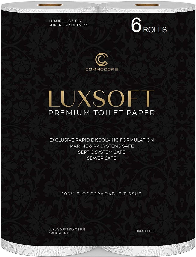 ورق تواليت فاخر LUXSOFT 3 طبقات 6 عبوات آمن للصرف الصحي والقوارب مع مادة تذوب بسرعة عبوة واحدة 6 لفات بيضاء