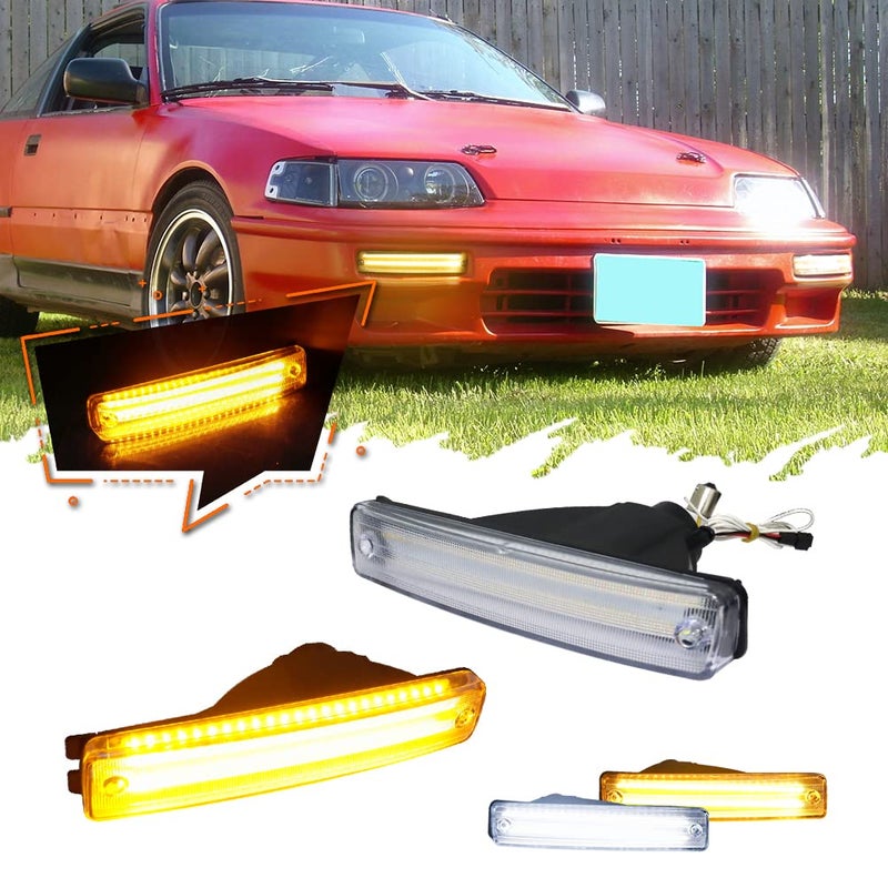 TurningMax For 1990 1991 Honda CRXCRX Front Bumper Turn Signal Lights HO2530108 HO2531108 Clear Lens 2 in 1 AmberWhite Lights