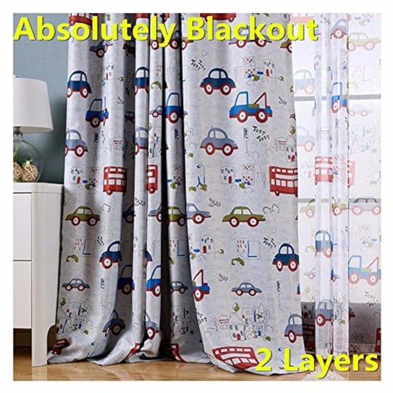 MYRU Absolutely Blackout Curtains for Kids Room,2 Layers Lined Curtains for Boys Girls Room,Set of 2 (Cartoon Car, 2 x 39 x 84 Inch) - Image 1