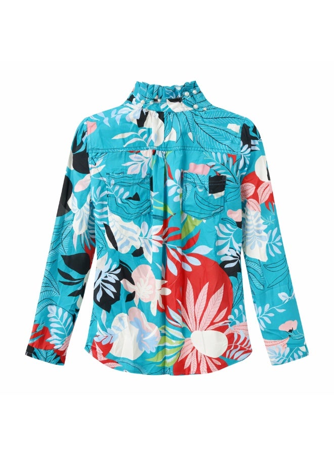 Women's Tropical Print Blouse, Teal, Ruffled High Neck with Pearl Embellishment, Long Sleeve Top - Image 2
