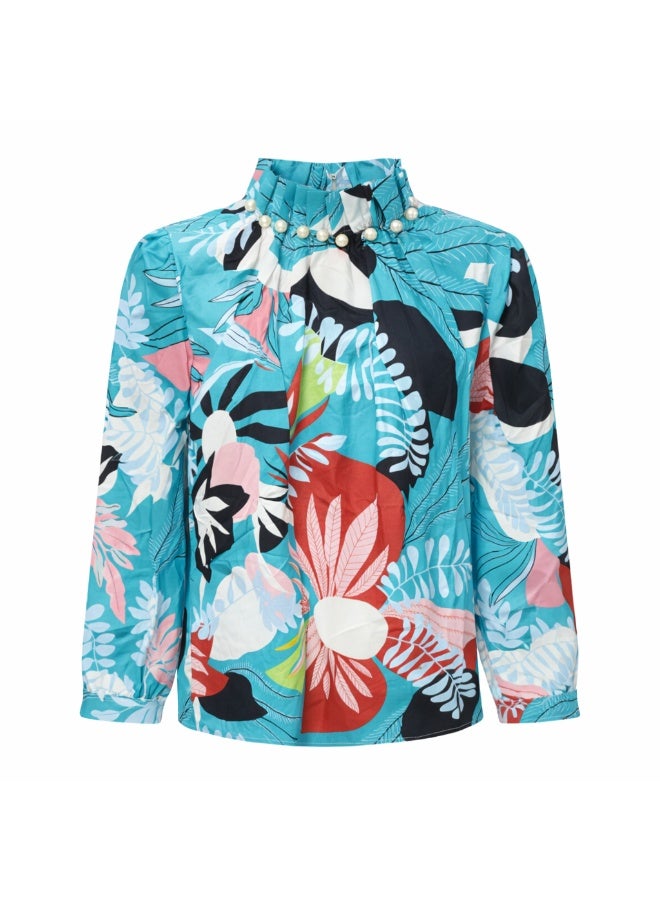 Women's Tropical Print Blouse, Teal, Ruffled High Neck with Pearl Embellishment, Long Sleeve Top - Image 1