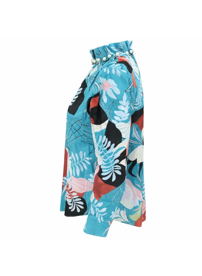 Women's Tropical Print Blouse, Teal, Ruffled High Neck with Pearl Embellishment, Long Sleeve Top - Image 3