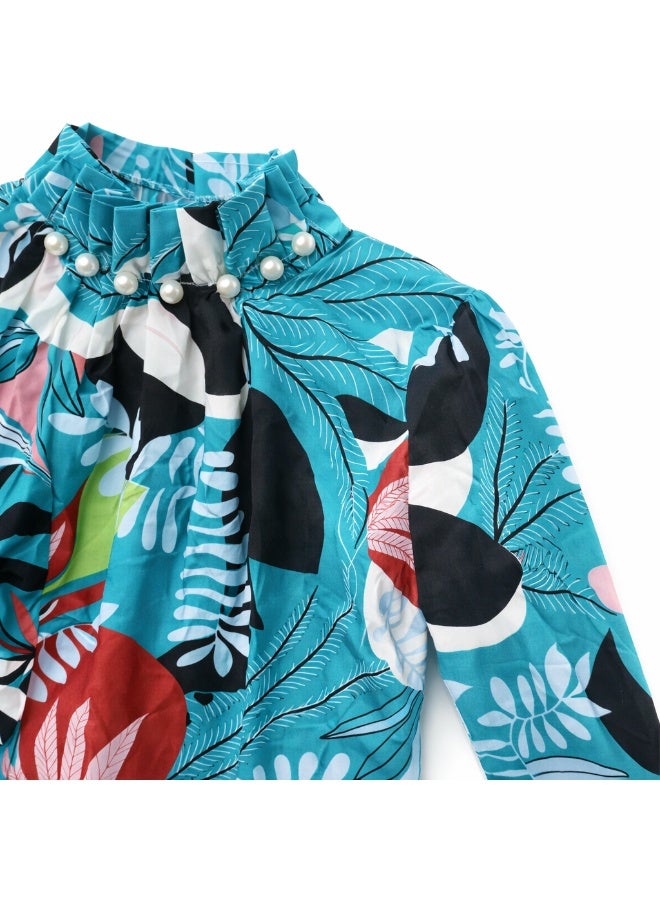 Women's Tropical Print Blouse, Teal, Ruffled High Neck with Pearl Embellishment, Long Sleeve Top - Image 5