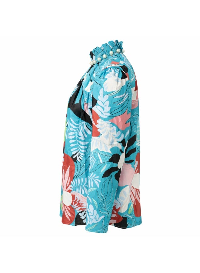 Women's Tropical Print Blouse, Teal, Ruffled High Neck with Pearl Embellishment, Long Sleeve Top - Image 4