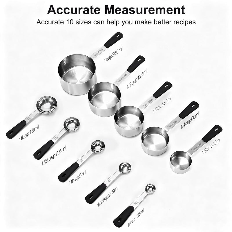 Bopei Measuring Cups and Spoons Set Stainless Steel 10 Piece for Cooking and Baking (5 Cups + 5 Spoons, Black Handle) - Image 2