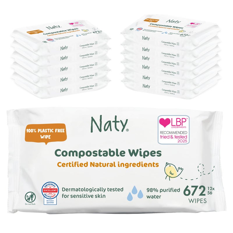 Eco by Naty Unscented Baby Plant based Compostable Wipes, 0% plastic, No nasty chemicals, White, 672 Count - Image 1