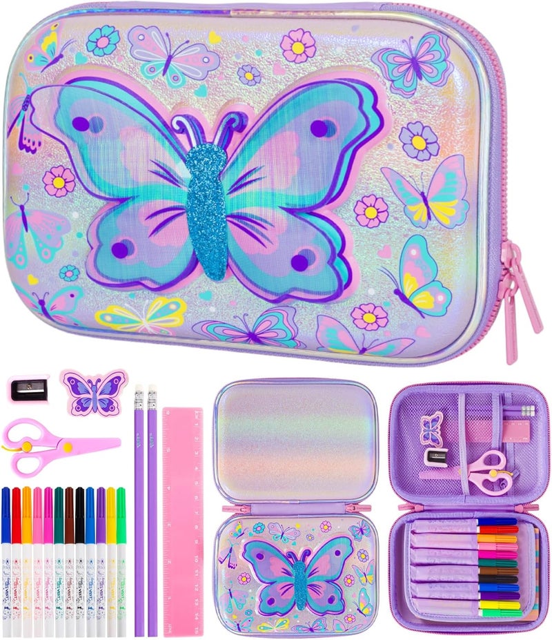 PowerKing Butterfly Pencil Case Stationery Set for Kids, 3D EVA Big Capacity Cute Pencil Pen Case Bag with Zipper Office School Storage Bag Pouch Holder Box Organize - Image 1