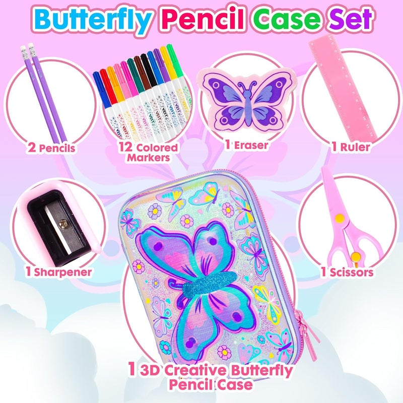 PowerKing Butterfly Pencil Case Stationery Set for Kids, 3D EVA Big Capacity Cute Pencil Pen Case Bag with Zipper Office School Storage Bag Pouch Holder Box Organize - Image 3