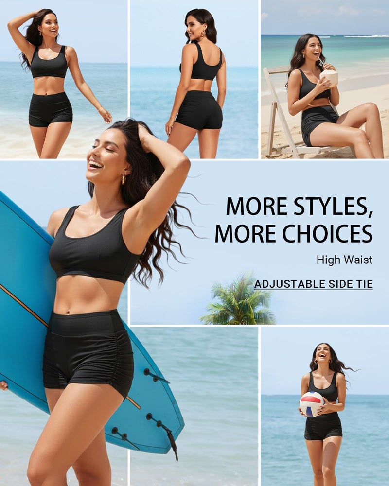 Tempt Me Women's Swim Shorts High Waisted Swimsuit Shorts Black Adjustable Ruched Side Boyshorts Tummy Control Bathing Suit Bottom L - Image 3