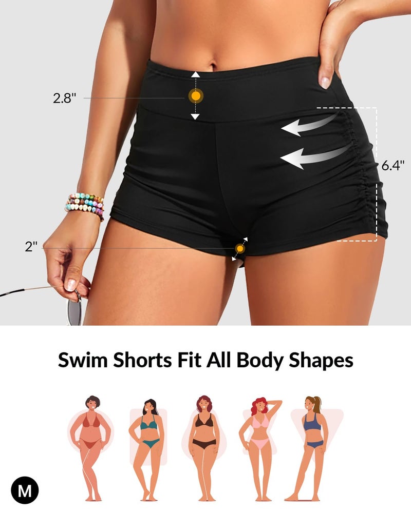 Tempt Me Women's Swim Shorts High Waisted Swimsuit Shorts Black Adjustable Ruched Side Boyshorts Tummy Control Bathing Suit Bottom L - Image 2