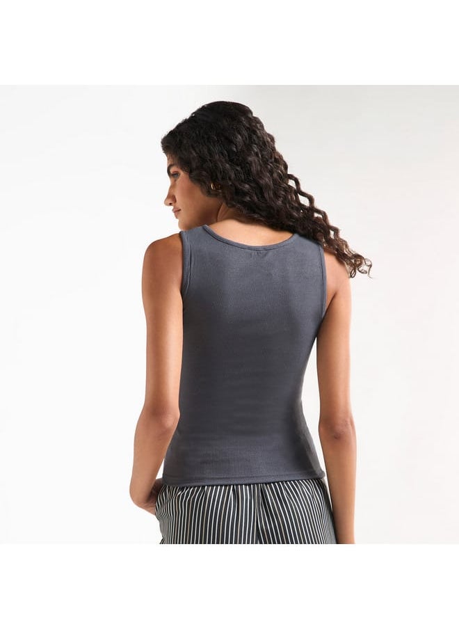 FAV Ribbed Tank Top with Round Neck and Flap Detail  - Image 3
