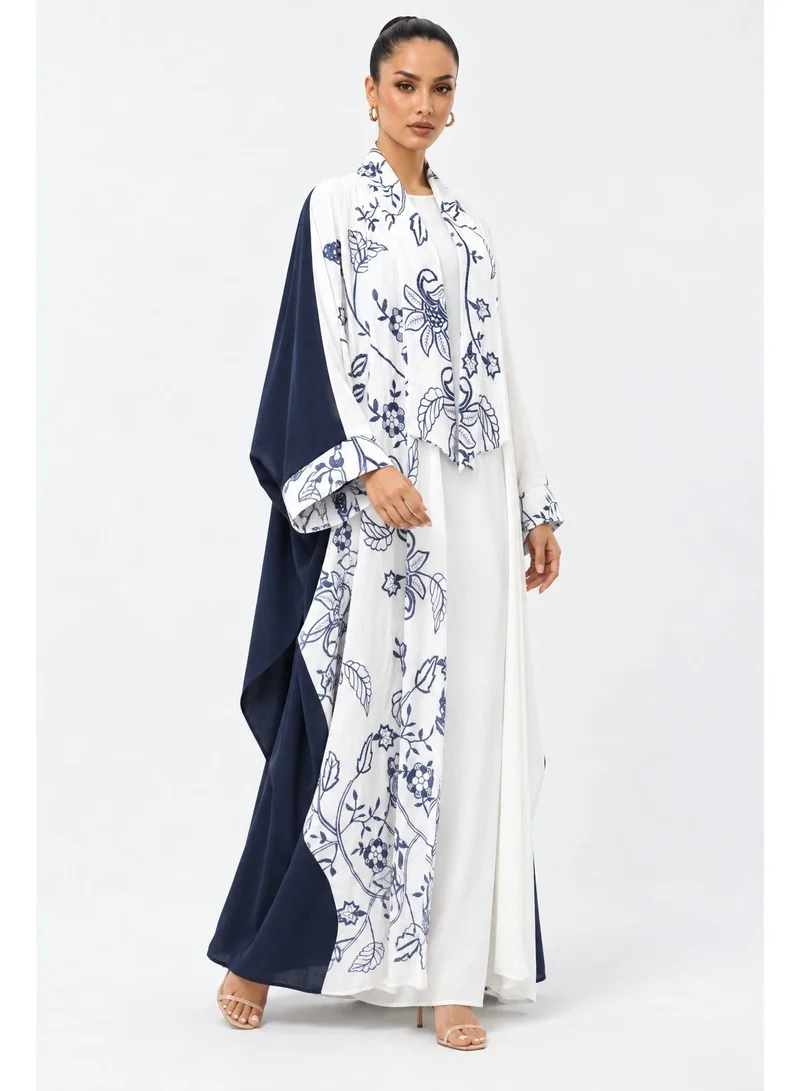 Aara Women's White & Navy Blue Floral Print Open Abaya
