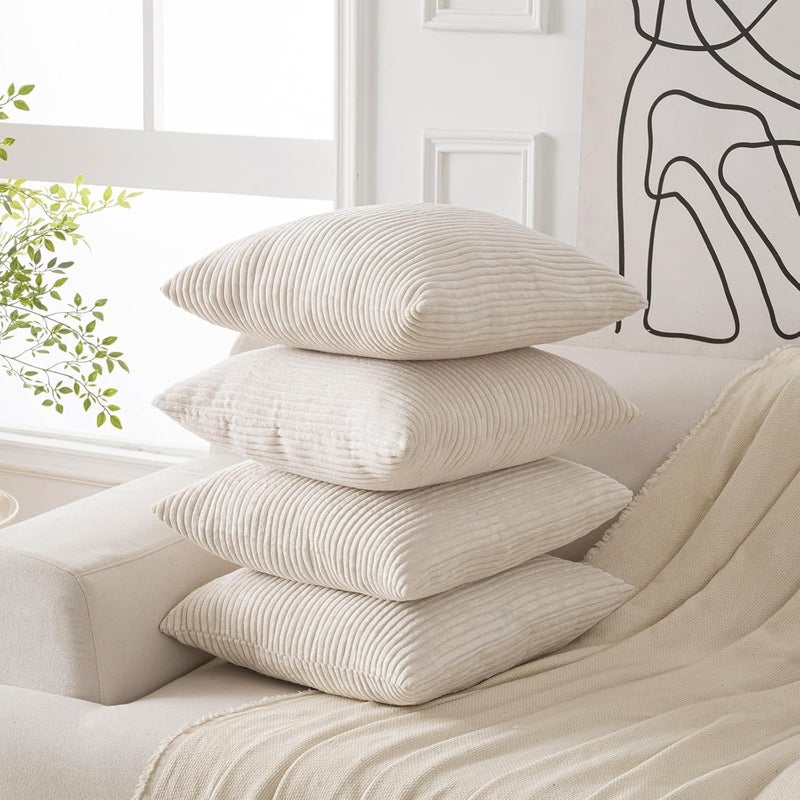 Volcanics Set of 4 Beige Cream Corduroy Decorative Couch Throw Pillow Covers 18x18 Inch, Modern Double-Sided Striped Cushion Cases, Soft Boho Square Accent Pillow Covers, Mix and Match for Home Decor - Image 2