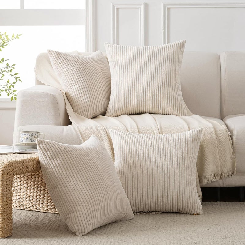 Volcanics Set of 4 Beige Cream Corduroy Decorative Couch Throw Pillow Covers 18x18 Inch, Modern Double-Sided Striped Cushion Cases, Soft Boho Square Accent Pillow Covers, Mix and Match for Home Decor - Image 5