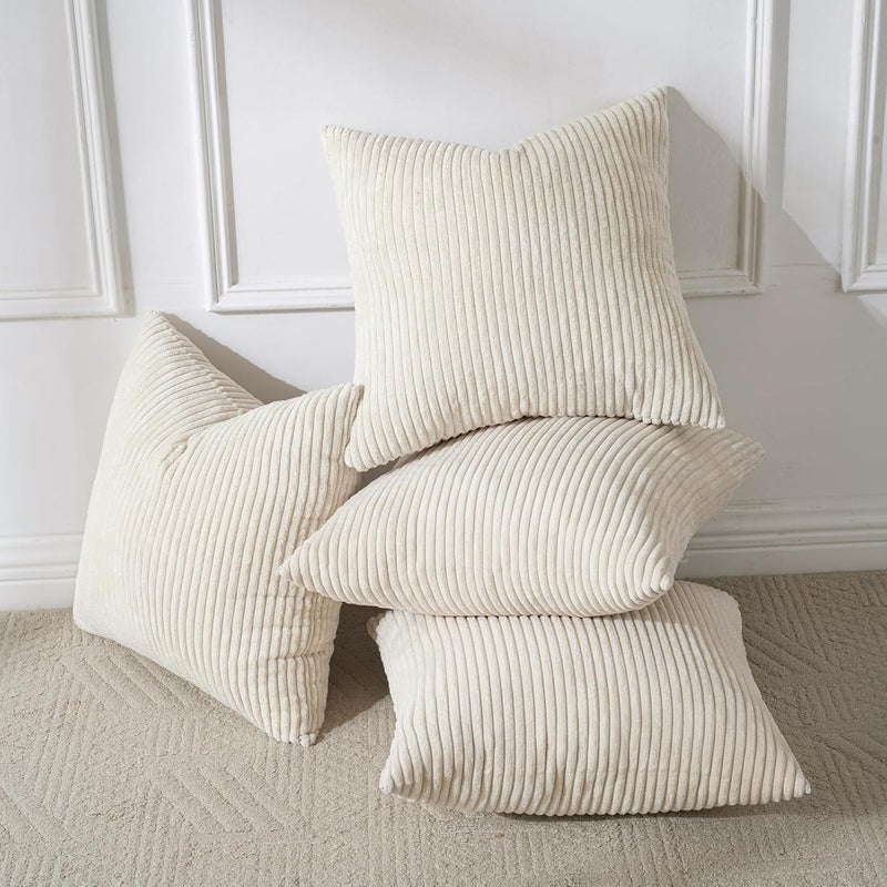 Volcanics Set of 4 Beige Cream Corduroy Decorative Couch Throw Pillow Covers 18x18 Inch, Modern Double-Sided Striped Cushion Cases, Soft Boho Square Accent Pillow Covers, Mix and Match for Home Decor - Image 1