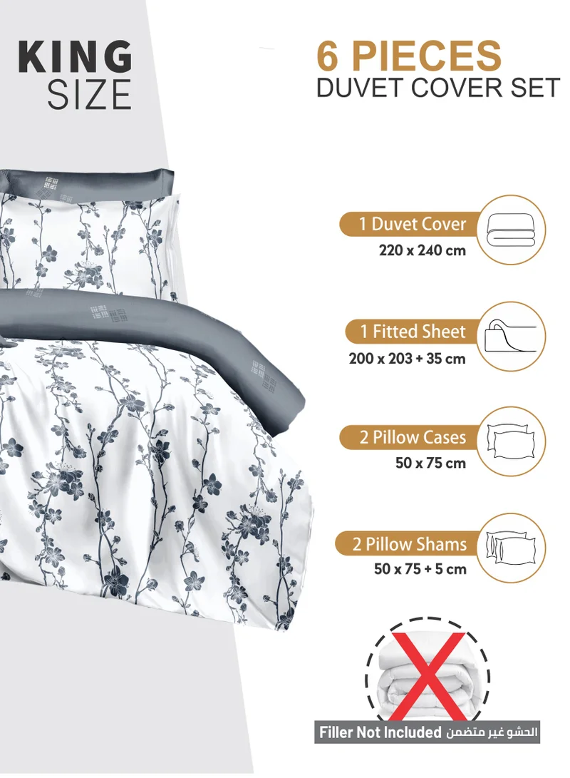 Donetella Duvet Cover Set 6-Pcs King Size Printed Bed Set With 1 Duvet Cover(220 X 240 CM),1 Fitted Sheet,2 PillowSham And 2 Pillow Cases (Without Filler),Steel Grey