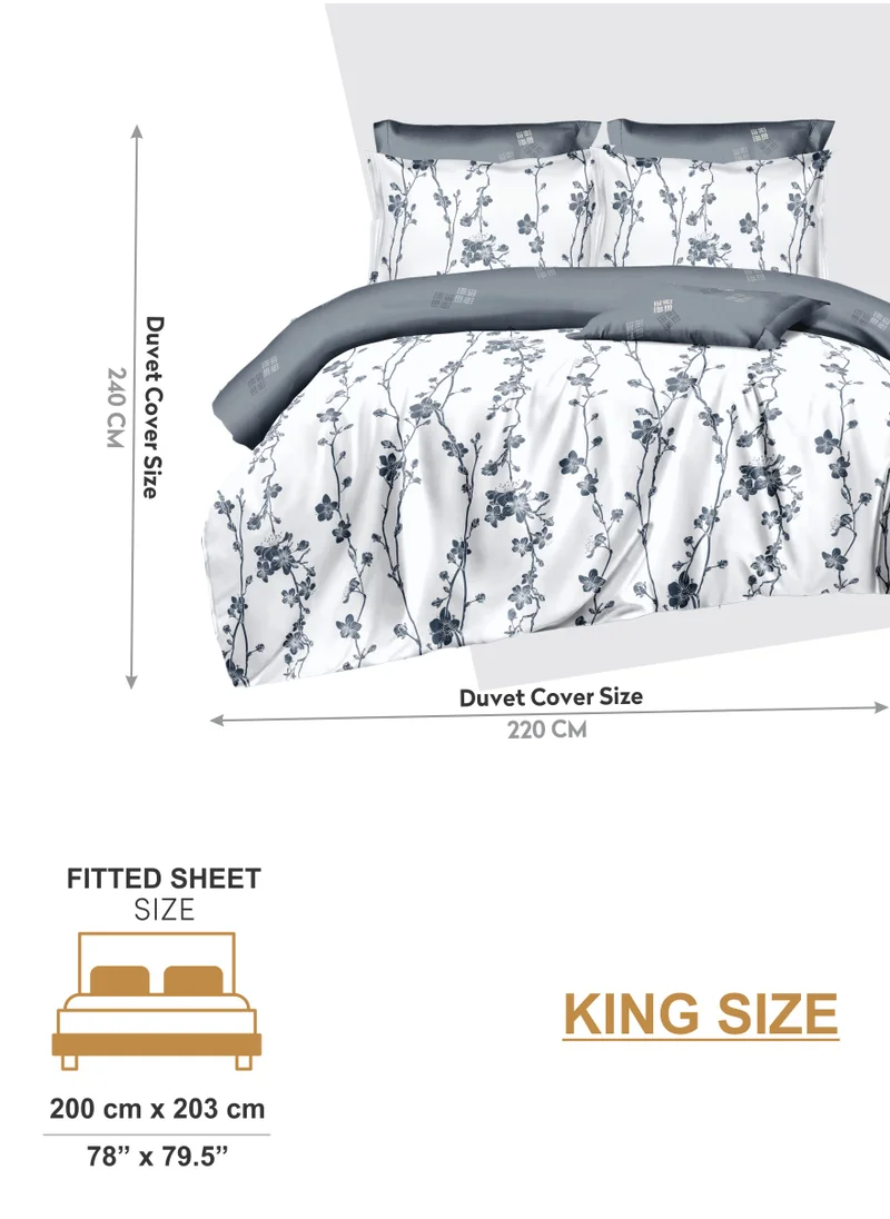 Donetella Duvet Cover Set 6-Pcs King Size Printed Bed Set With 1 Duvet Cover(220 X 240 CM),1 Fitted Sheet,2 PillowSham And 2 Pillow Cases (Without Filler),Steel Grey