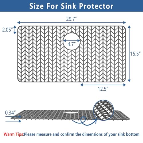 AWOKE Large Silicone Sink Protectors for Kitchen Sink, 30" x 16" Rear Drain Hole, Sink Mat for Bottom of Farmhouse Kitchen Stainless Steel Sinks, Raised Feet/Heat Resistant/Non-slip (Gray) - Image 2