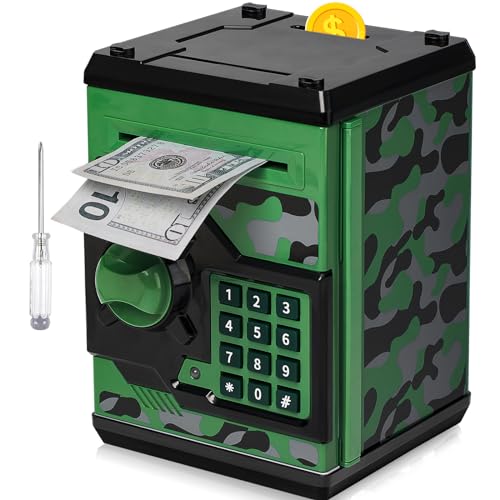 Vcertcpl ATM Piggy Bank for Boys Girls Vcertcpl Mini ATM Coin Bank Money Saving Box with Password Kids Safe Money Jar for Adults with Auto Grab Bill Slot Great Gift Toy Bank for Kids Camouflage GreenGray - Image 1