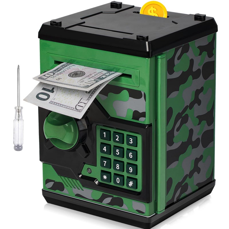 Vcertcpl ATM Piggy Bank for Boys Girls Vcertcpl Mini ATM Coin Bank Money Saving Box with Password Kids Safe Money Jar for Adults with Auto Grab Bill Slot Great Gift Toy Bank for Kids Camouflage GreenGray - Image 2