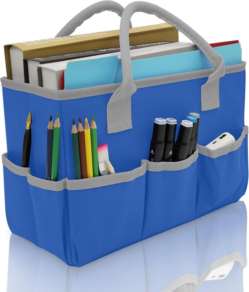 Cupohus Art Organizer Craft Storage Tote Bag with Pockets and Hadles, Oxford Fabric Carrying Caddy for Teacher, Officer, Artist, Students, Traveler, and more – Blue with Grey Edge - Image 1