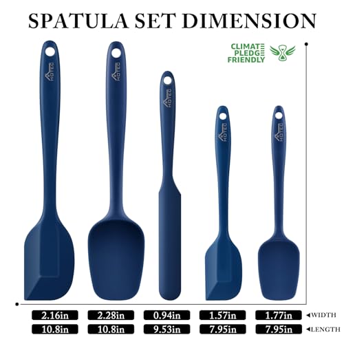 HOTEC 600℉ Heat Resistant BPA-Free Silicone Rubber Spatula Set, Kitchen Cooking Spatulas, Baking, Mixing, for Non Stick Cookware, Dishwasher Safe, Classic Blue Set of 5 - Image 2