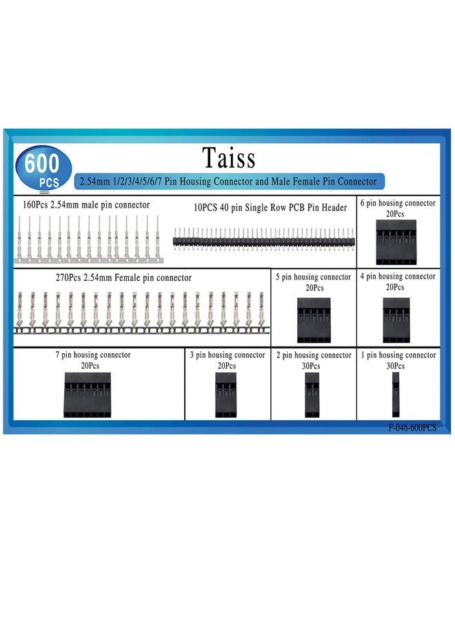 Taiss 600PCS Dupont Connector Kit 2.54mm 1/2/3/4/5/6/7 Pin Housing Connector and Male Female Crimp Pin,Dupont Crimp Pin Adaptor Assortment,Jumper Wire Cable Pin Header - Image 3