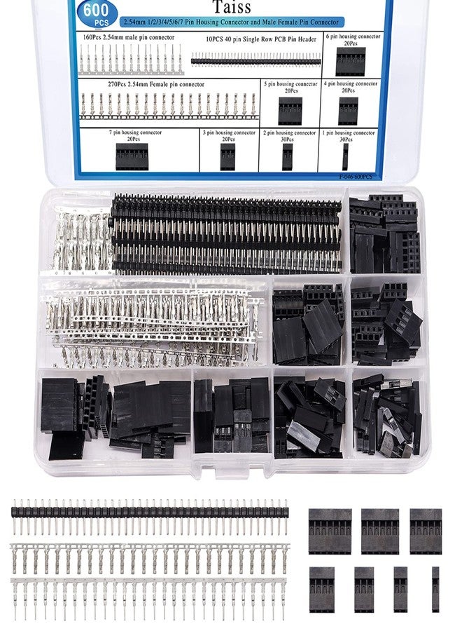 Taiss 600PCS Dupont Connector Kit 2.54mm 1/2/3/4/5/6/7 Pin Housing Connector and Male Female Crimp Pin,Dupont Crimp Pin Adaptor Assortment,Jumper Wire Cable Pin Header - Image 1
