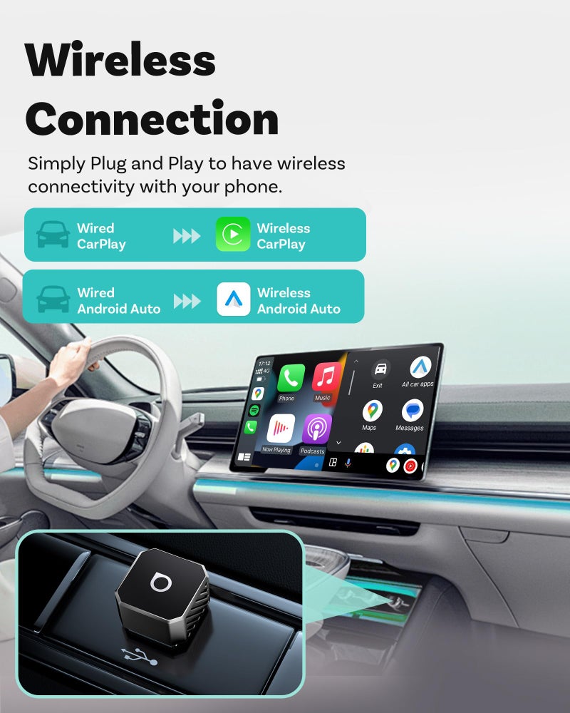 OTTOCAST Mini 3.0 Black 2-in-1 Wireless CarPlay & Android Auto Adapter â€“ Plug & Play for iPhone/Android, Dual-Phone Memory, Dual-Band WiFi (2.4/5GHz), Auto-Reconnect - Image 5