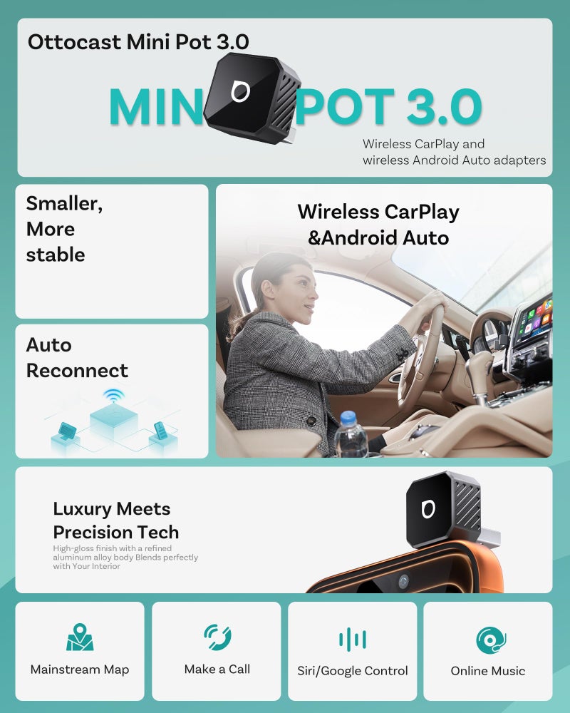 OTTOCAST Mini 3.0 Black 2-in-1 Wireless CarPlay & Android Auto Adapter â€“ Plug & Play for iPhone/Android, Dual-Phone Memory, Dual-Band WiFi (2.4/5GHz), Auto-Reconnect - Image 4
