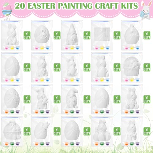 VercanMonth 20 Set Easter DIY Painting Kit Ceramic to Paint Your Own Easter Egg Rabbit Flower Basket Chick Statues Unpainted Plaster Figurines Brushes Acrylic Paints Bags Party Favor for Kids - Image 5