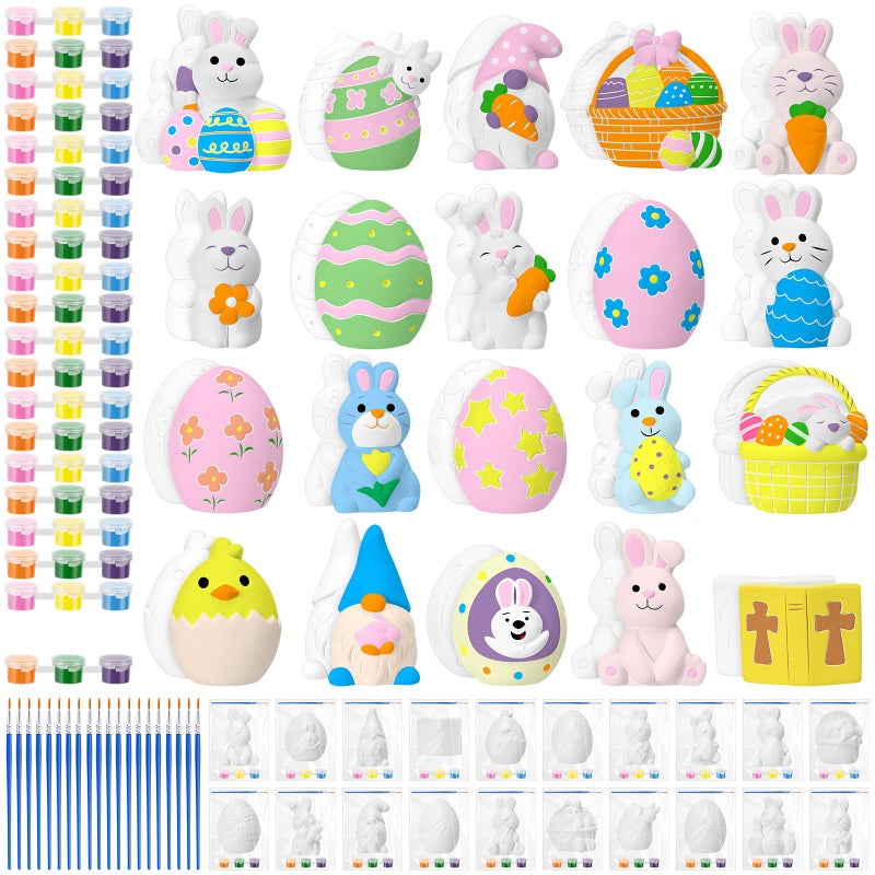 VercanMonth 20 Set Easter DIY Painting Kit Ceramic to Paint Your Own Easter Egg Rabbit Flower Basket Chick Statues Unpainted Plaster Figurines Brushes Acrylic Paints Bags Party Favor for Kids - Image 3