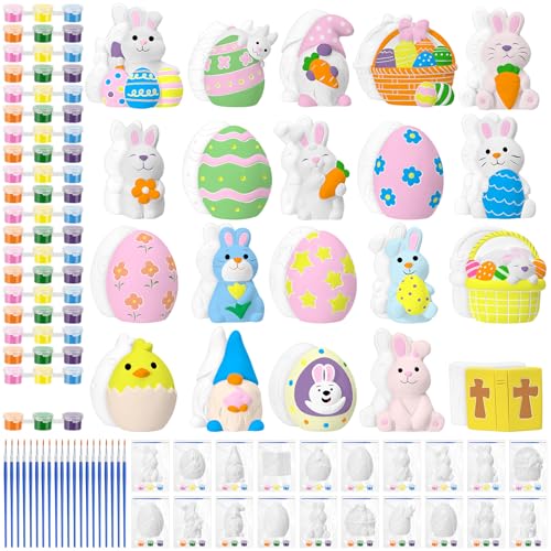 VercanMonth 20 Set Easter DIY Painting Kit Ceramic to Paint Your Own Easter Egg Rabbit Flower Basket Chick Statues Unpainted Plaster Figurines Brushes Acrylic Paints Bags Party Favor for Kids - Image 1