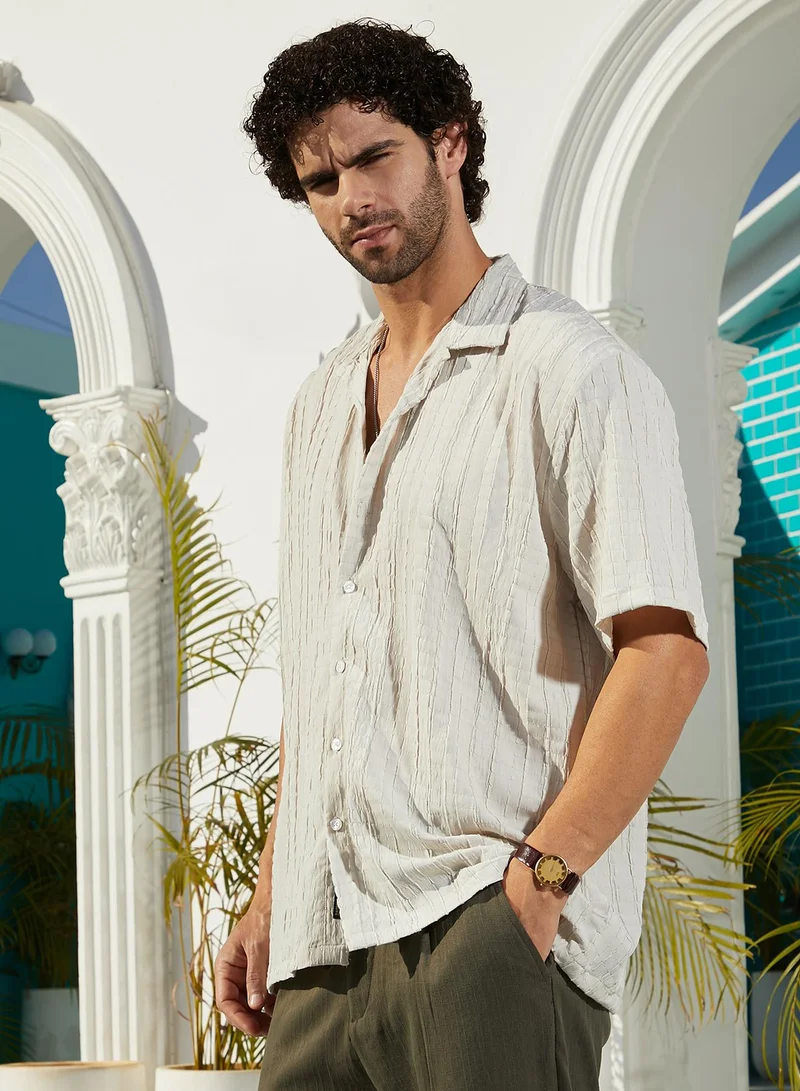Campus Sutra Men's Saltbox Beige Crumble-Revival Oversized Shirt