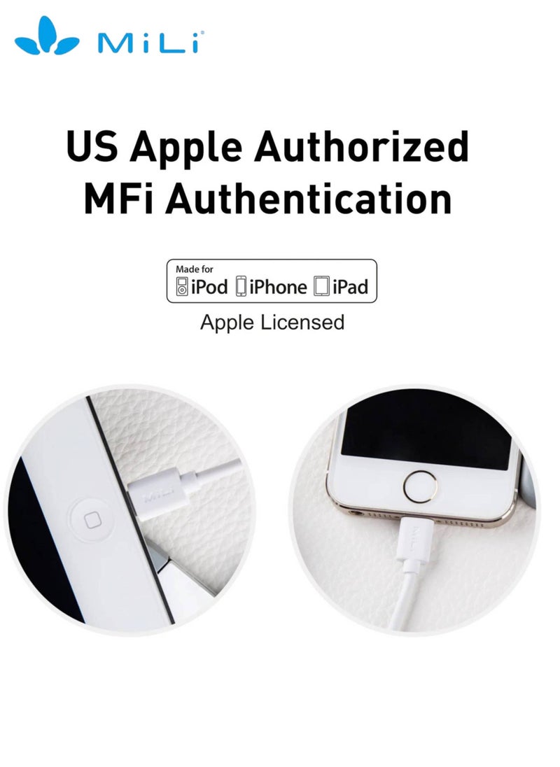 MiLi - Lightning to USB Cable, MFi Certified for Flawless Compatibility with Apple iPhone/iPad/AirPods/AirPods Pro, 100 cm White - Image 1