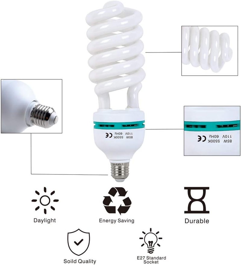 AQIRUI 2 x 85W Light Bulb 5500K CFL Daylight Spiral Softbox Bulb in E27 Socket for Photography Photo Video Studio Lighting - Image 2