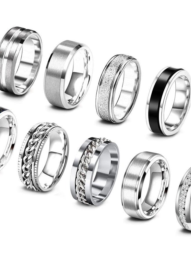 EIELO 9Pcs Stainless Steel Band Rings for Men Women Cool Fidget Spinning Chain Ring Anxiety Relief Fashion Simple Wedding Engagement Silver Ring Set - Image 1