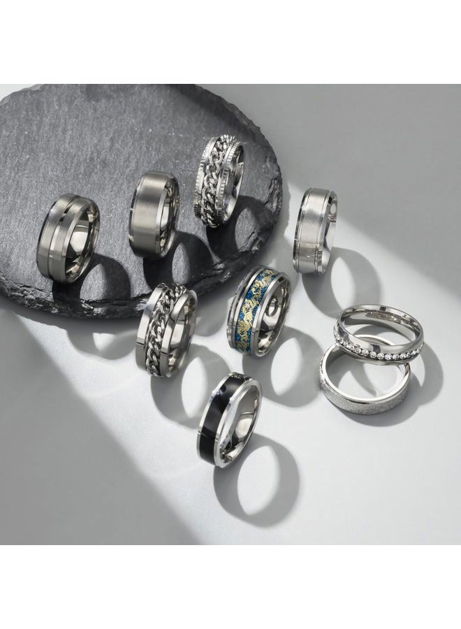 EIELO 9Pcs Stainless Steel Band Rings for Men Women Cool Fidget Spinning Chain Ring Anxiety Relief Fashion Simple Wedding Engagement Silver Ring Set - Image 2