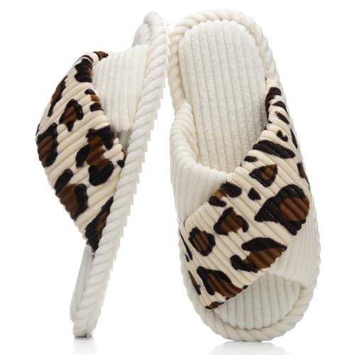 GOEWY House Slippers for Women Fuzzy Womens Slippers Indoor Outdoor Open Toe With Cross Band Corduroy Memory Foam Warm Gifts for Woman Size 7 8.5 Leopard Beigewhite - Image 1